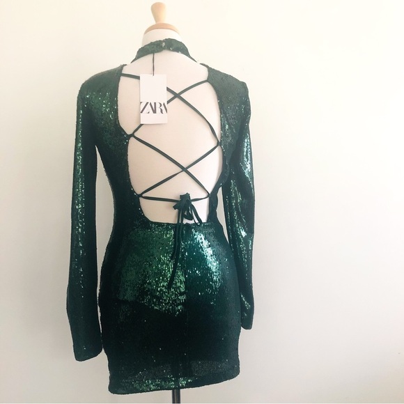 Zara Green Sequin Metallic Long Sleeve Sequin Mini Dress Size M NWT Holiday/NYE - Picture 3 of 15